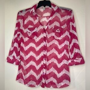 French Laundry~Sheer Button Up Blouse~Hot Pink & White~Zigzag Design~Size PM